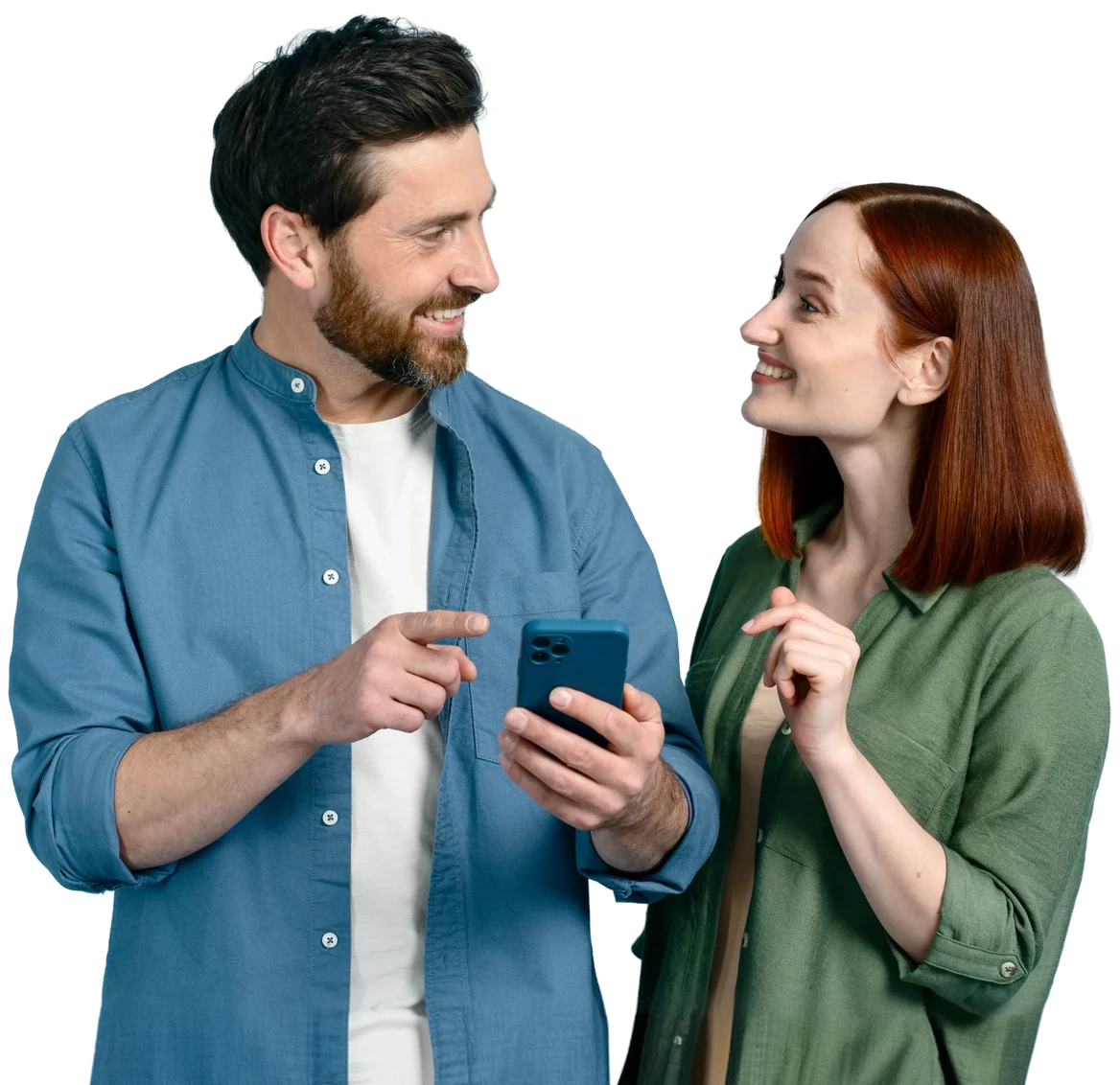 Smiling couple talking over a phone