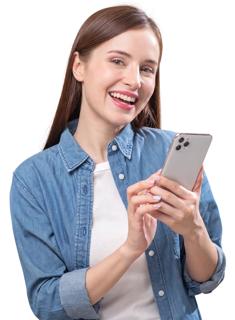 Smiling woman in a striped blue shirt looking at her phone