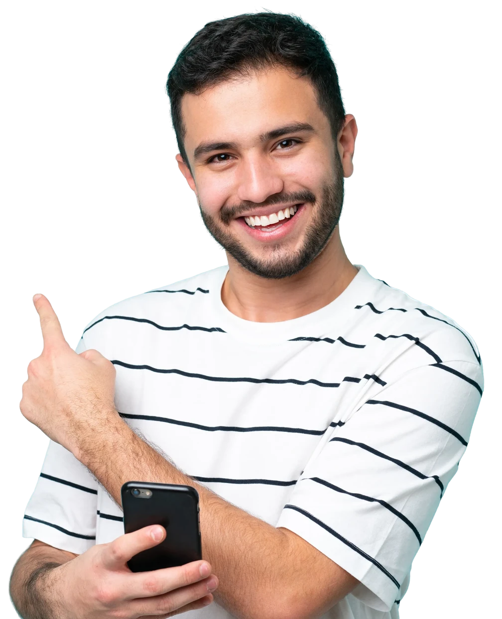 Smiling man in a striped T-shirt pointing up and holding a phone