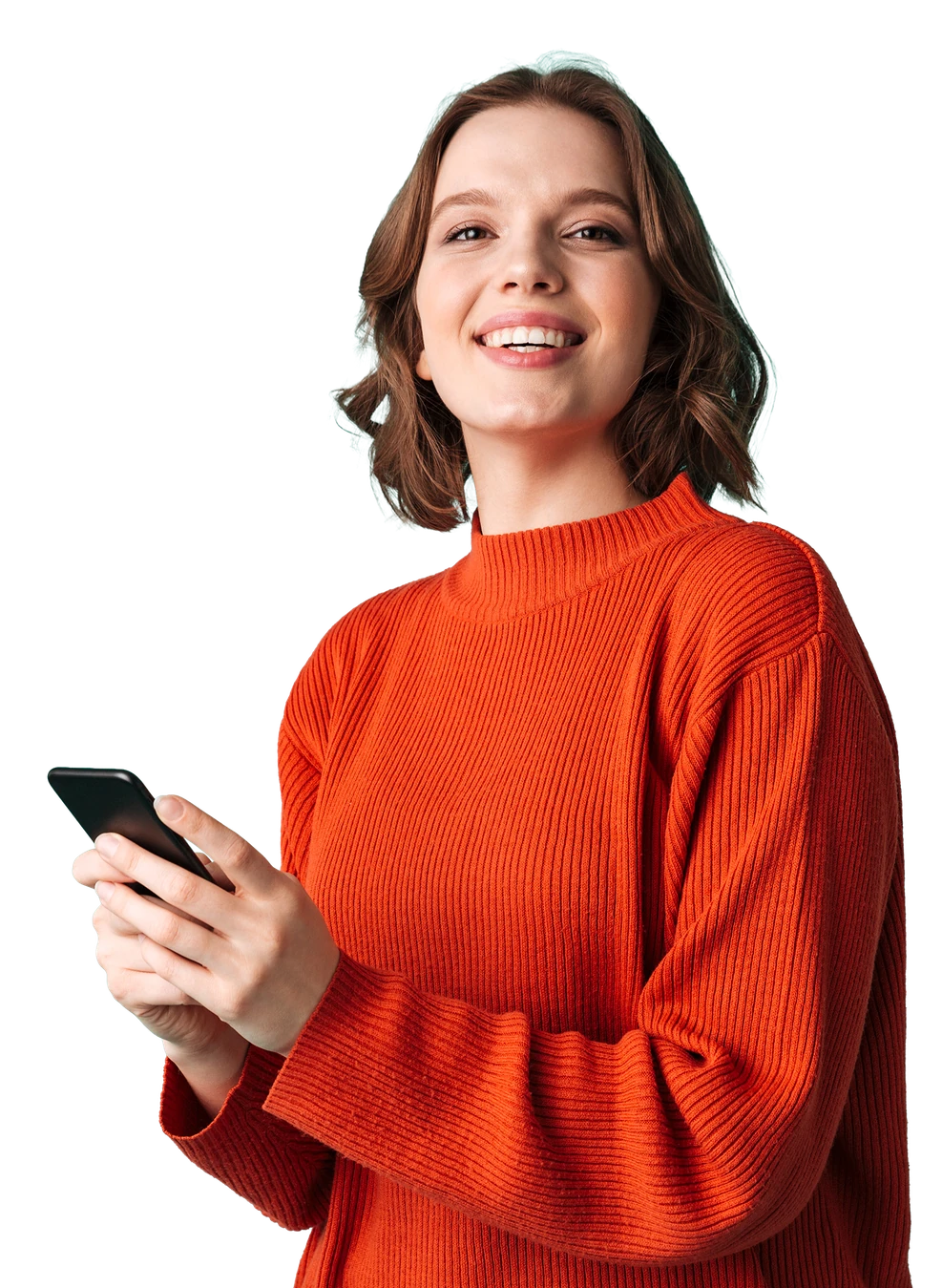 Smiling woman in an orange sweater holding a phone