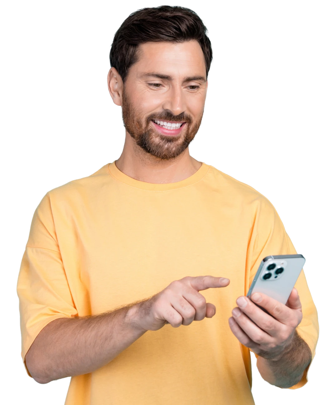 Smiling man in a yellow T-shirt pointing at his phone