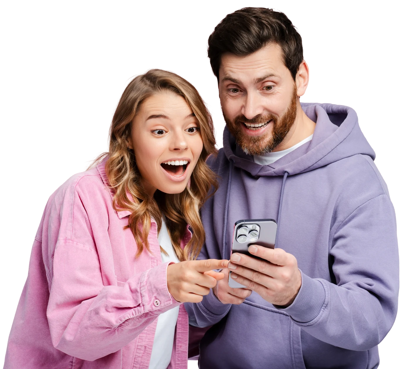 Surprised couple in pink and lilac looking at a phone together